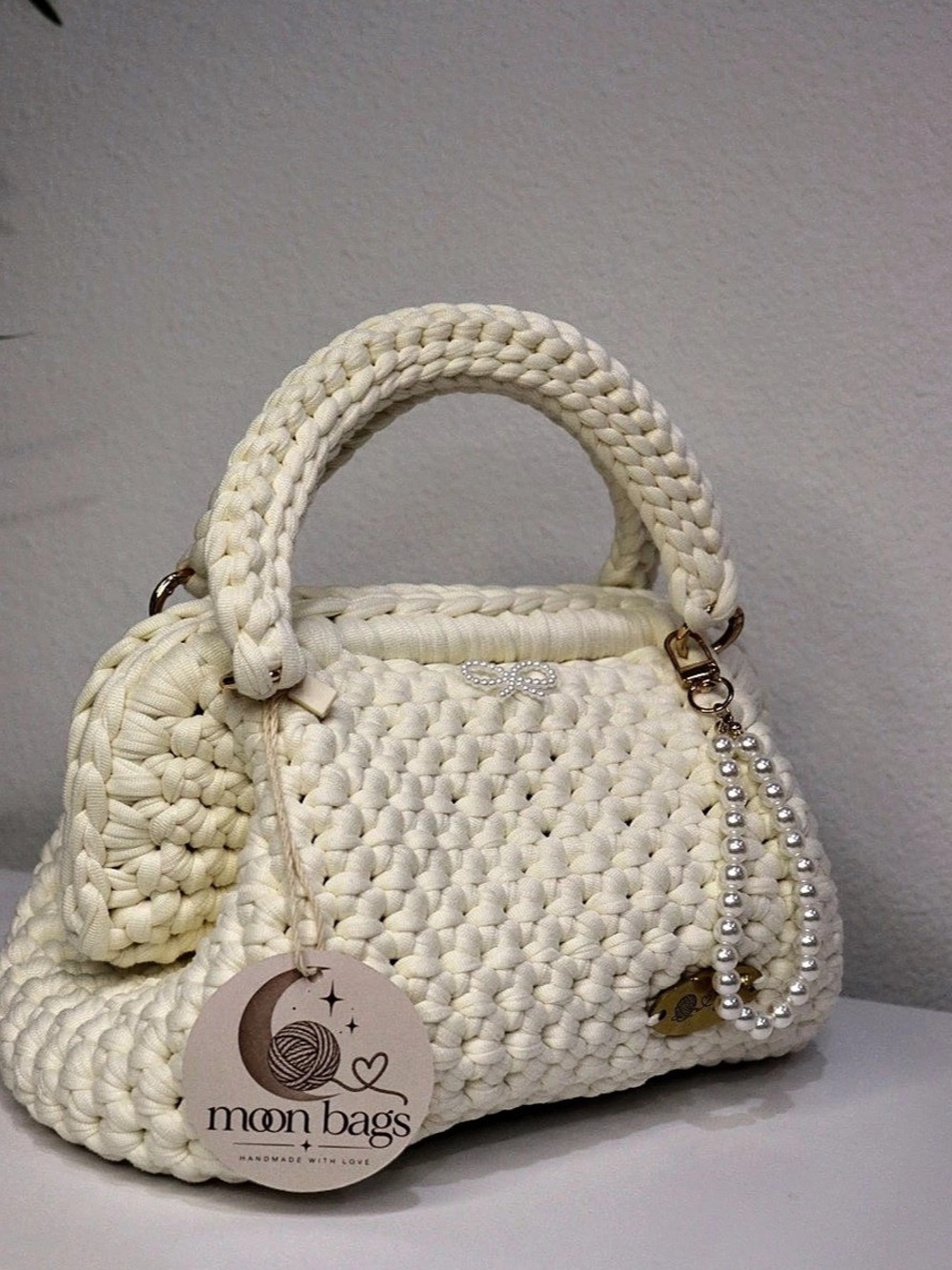 Handmade Ivory Crochet Handbag with Pearl Strap